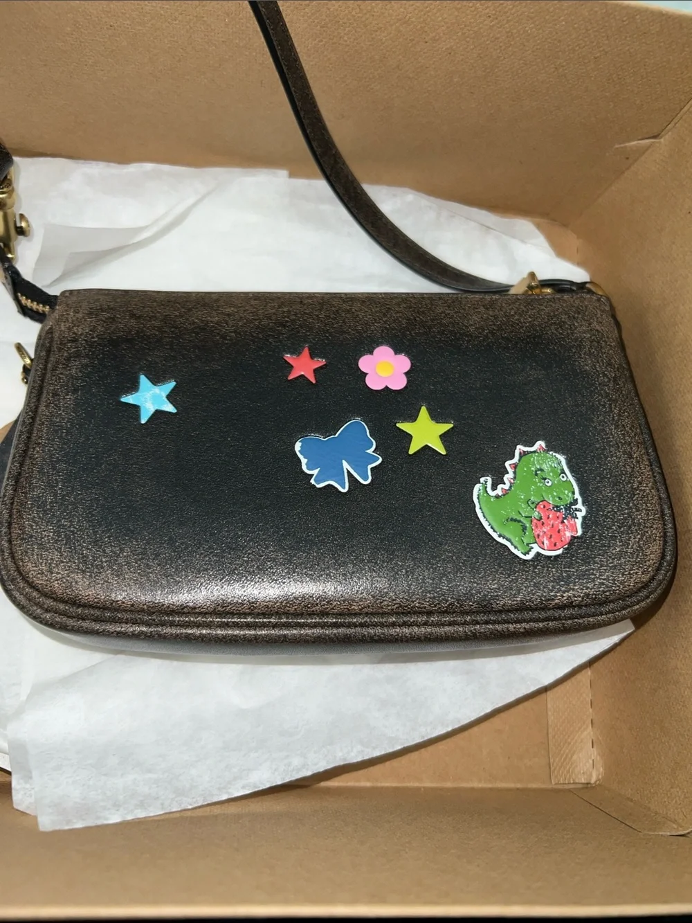 Coach plaza Rexy Black Leather Mini Wristlet with Colorful Sticker Accents